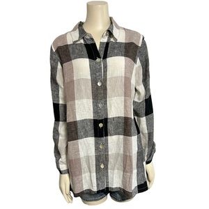 Soft‎ Surroundings Plaid Linen Button Shirt Womens Medium Ruched Sleeve Zipper